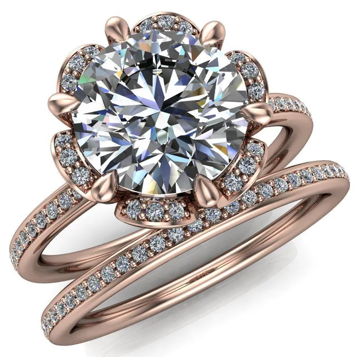 Fire Brilliance Daisy Round LabGrown Diamond Center Stone Floral Diamond Basket Design and Diamond Shoulders Ring Rings