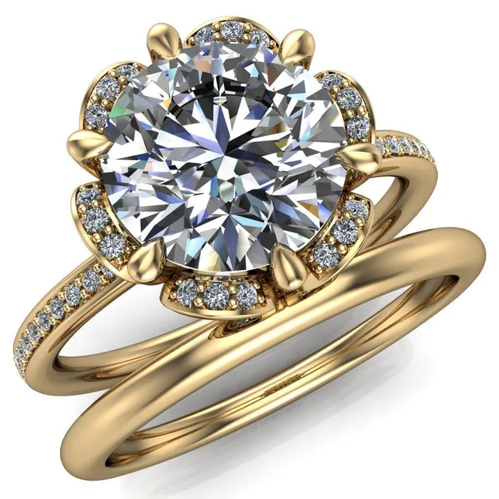 Fire Brilliance Daisy Round LabGrown Diamond Center Stone Floral Diamond Basket Design and Diamond Shoulders Ring Rings