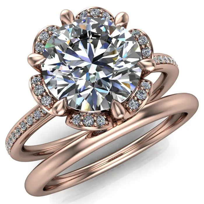 Fire Brilliance Daisy Round LabGrown Diamond Center Stone Floral Diamond Basket Design and Diamond Shoulders Ring Rings