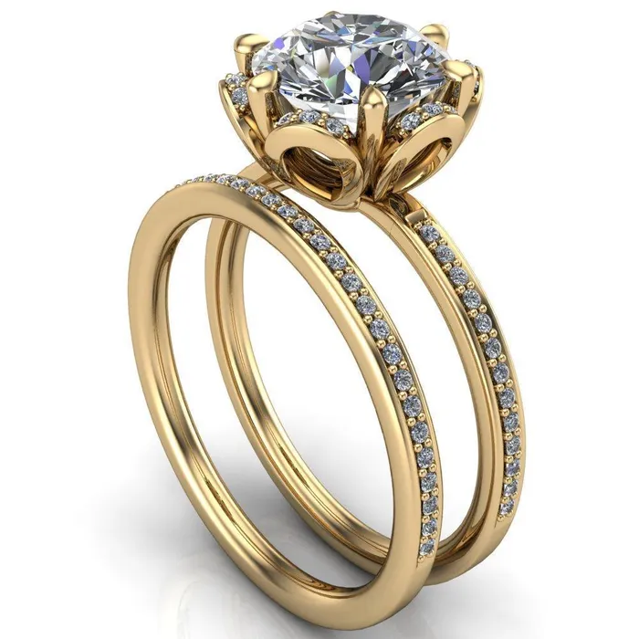Fire Brilliance Daisy Round LabGrown Diamond Center Stone Floral Diamond Basket Design and Diamond Shoulders Ring Rings