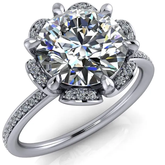 Fire Brilliance Daisy Round LabGrown Diamond Center Stone Floral Diamond Basket Design and Diamond Shoulders Ring Rings