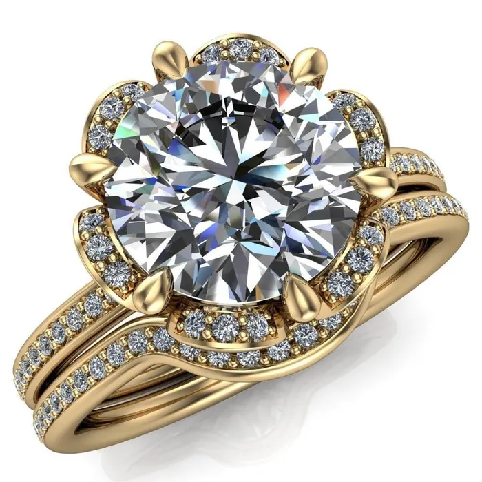 Fire Brilliance Daisy Round LabGrown Diamond Center Stone Floral Diamond Basket Design and Diamond Shoulders Ring Rings