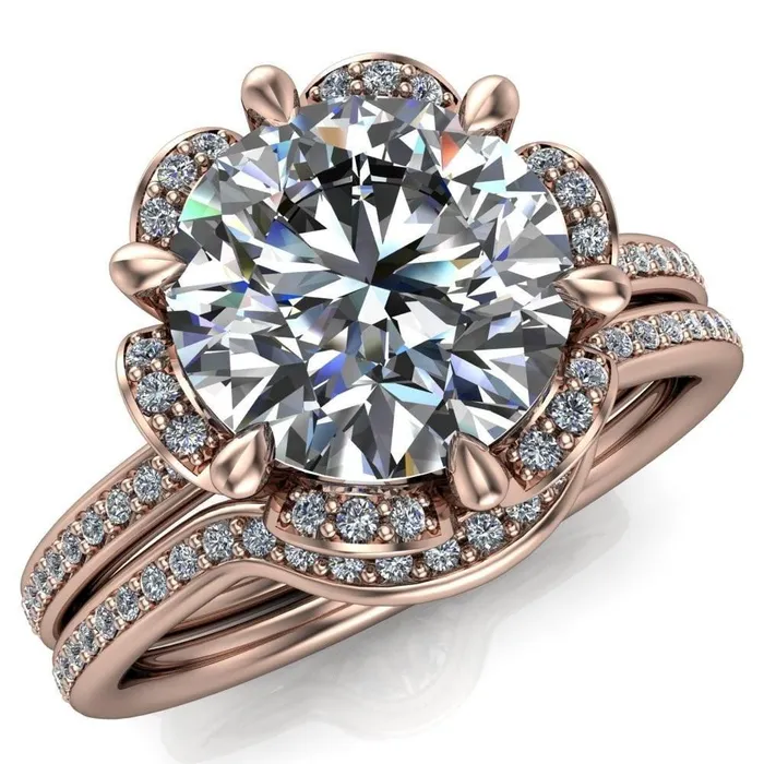 Fire Brilliance Daisy Round LabGrown Diamond Center Stone Floral Diamond Basket Design and Diamond Shoulders Ring Rings