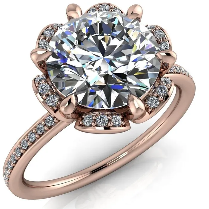 Fire Brilliance Daisy Round LabGrown Diamond Center Stone Floral Diamond Basket Design and Diamond Shoulders Ring Rings