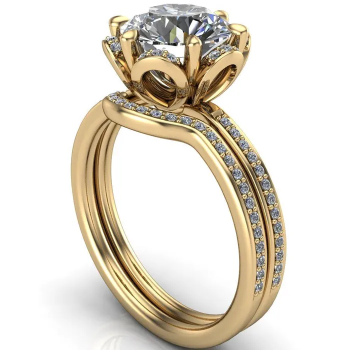 Fire Brilliance Daisy Round LabGrown Diamond Center Stone Floral Diamond Basket Design and Diamond Shoulders Ring Rings