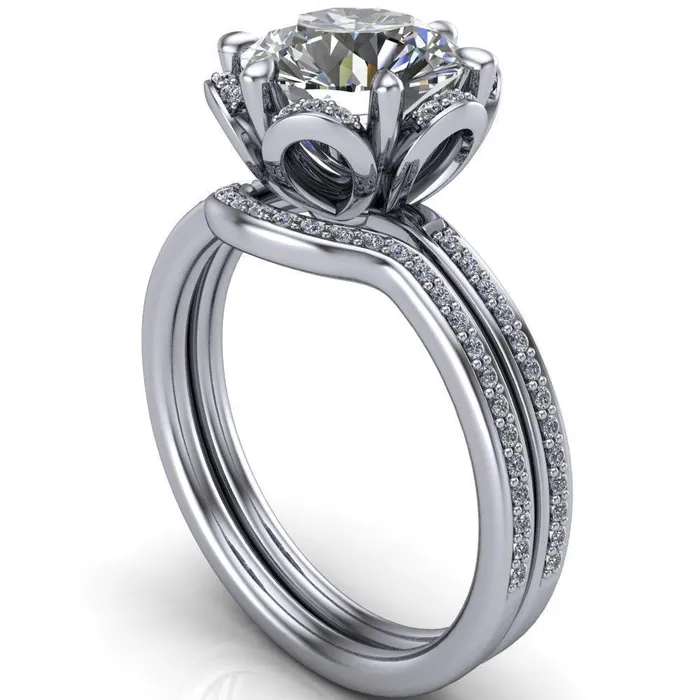 Fire Brilliance Daisy Round LabGrown Diamond Center Stone Floral Diamond Basket Design and Diamond Shoulders Ring Rings