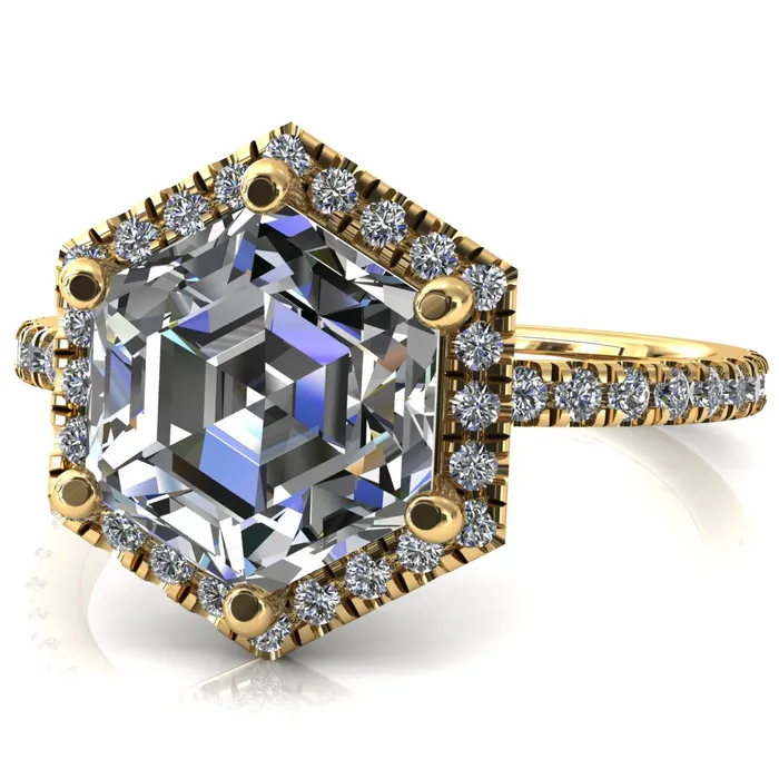 Fire Brilliance Lighthouse 8mm Hexagon Center Stone Halo 6 Prong Engagement Ring Rings