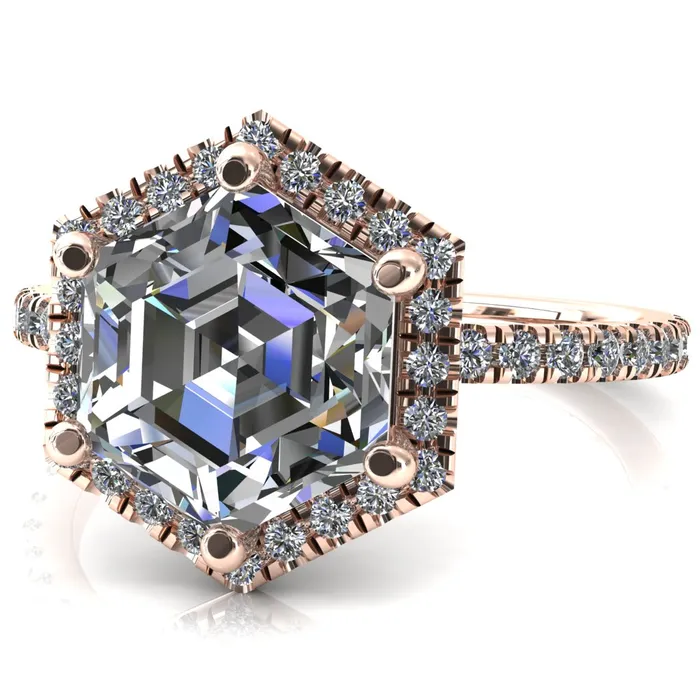 Fire Brilliance Lighthouse 8mm Hexagon Center Stone Halo 6 Prong Engagement Ring Rings