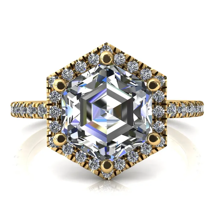 Fire Brilliance Lighthouse 8mm Hexagon Center Stone Halo 6 Prong Engagement Ring Rings