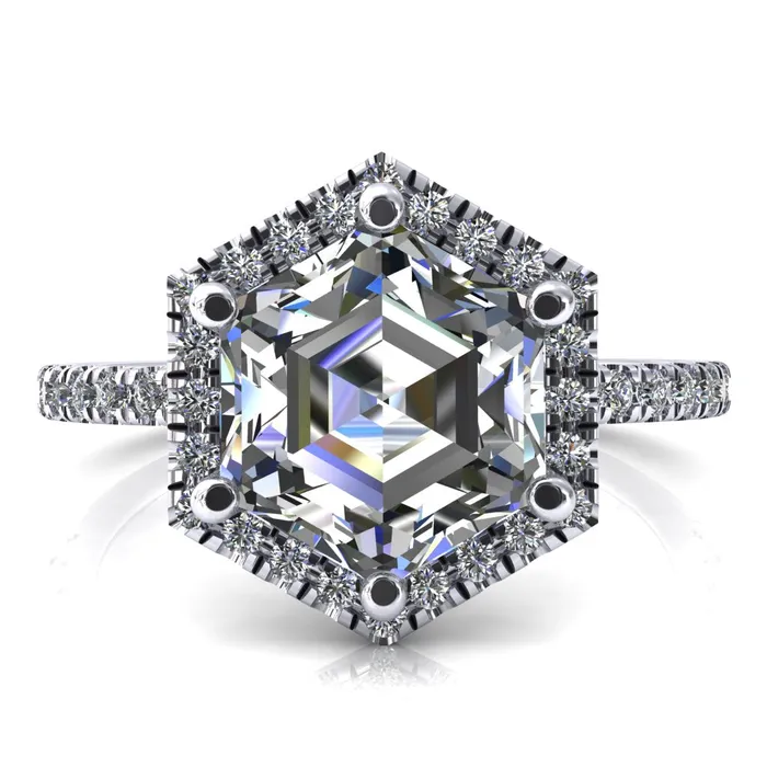 Fire Brilliance Lighthouse 8mm Hexagon Center Stone Halo 6 Prong Engagement Ring Rings