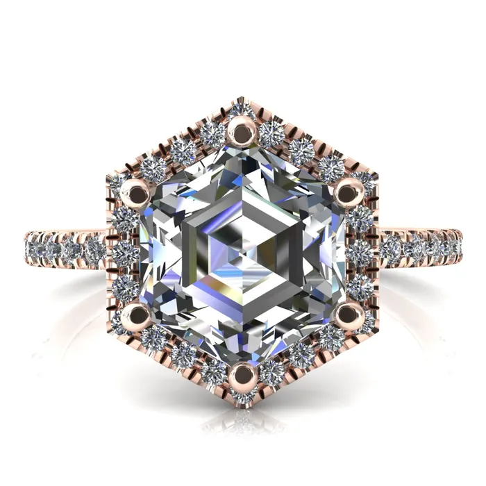 Fire Brilliance Lighthouse 8mm Hexagon Center Stone Halo 6 Prong Engagement Ring Rings