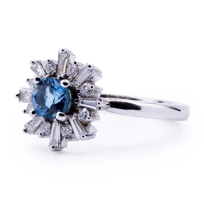 Fire Brilliance Natural London Blue Topaz Round Baguette Diamond Halo Ring Rings