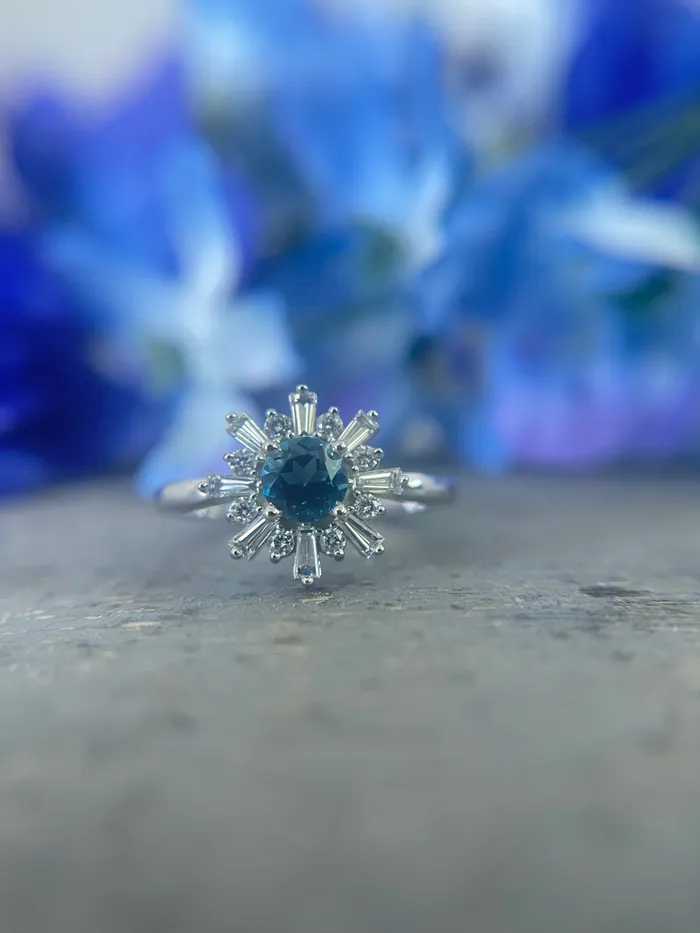 Fire Brilliance Natural London Blue Topaz Round Baguette Diamond Halo Ring Rings