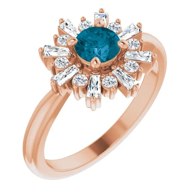 Fire Brilliance Natural London Blue Topaz Round Baguette Diamond Halo Ring Rings