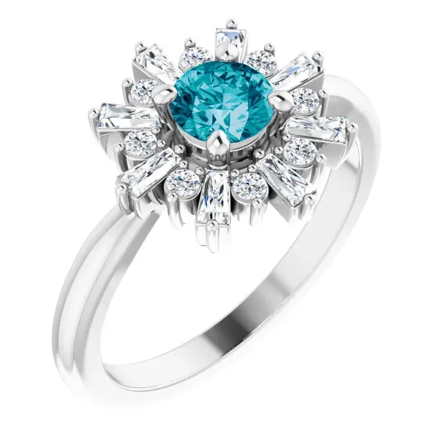 Fire Brilliance Natural London Blue Topaz Round Baguette Diamond Halo Ring Rings