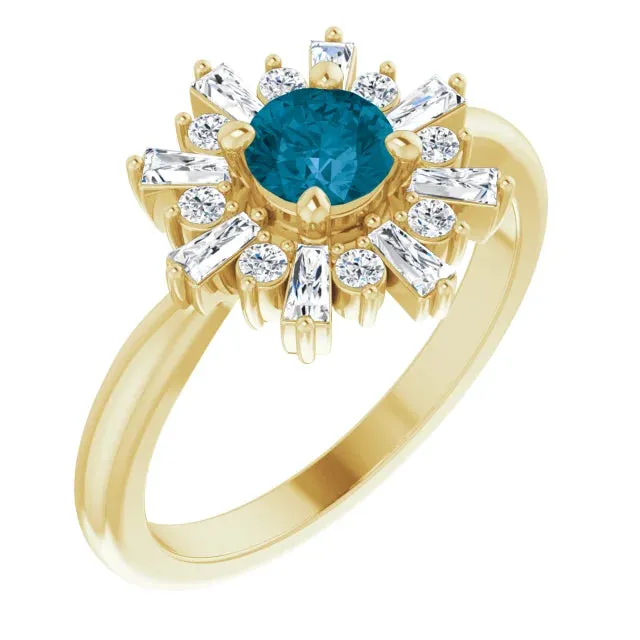 Fire Brilliance Natural London Blue Topaz Round Baguette Diamond Halo Ring Rings