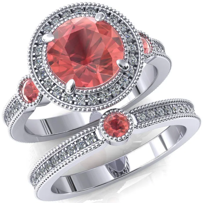 Fire Brilliance Rings Brachium Round Padparadscha Sapphire Bezel Milgrain Halo 34 Eternity Accent Diamond Ring Fire Brilliance Rings Brachium Round Padparadscha Sapphire Bezel Milgrain Halo 34 Eternity Accent Diamond Ring