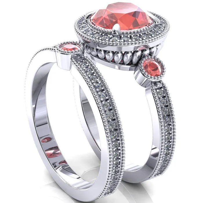 Fire Brilliance Rings Brachium Round Padparadscha Sapphire Bezel Milgrain Halo 34 Eternity Accent Diamond Ring