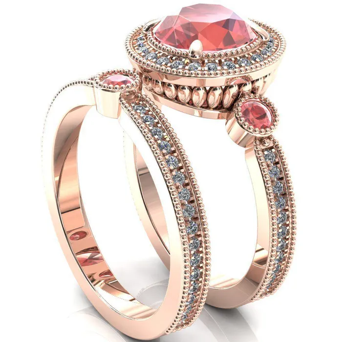 Fire Brilliance Rings Brachium Round Padparadscha Sapphire Bezel Milgrain Halo 34 Eternity Accent Diamond Ring