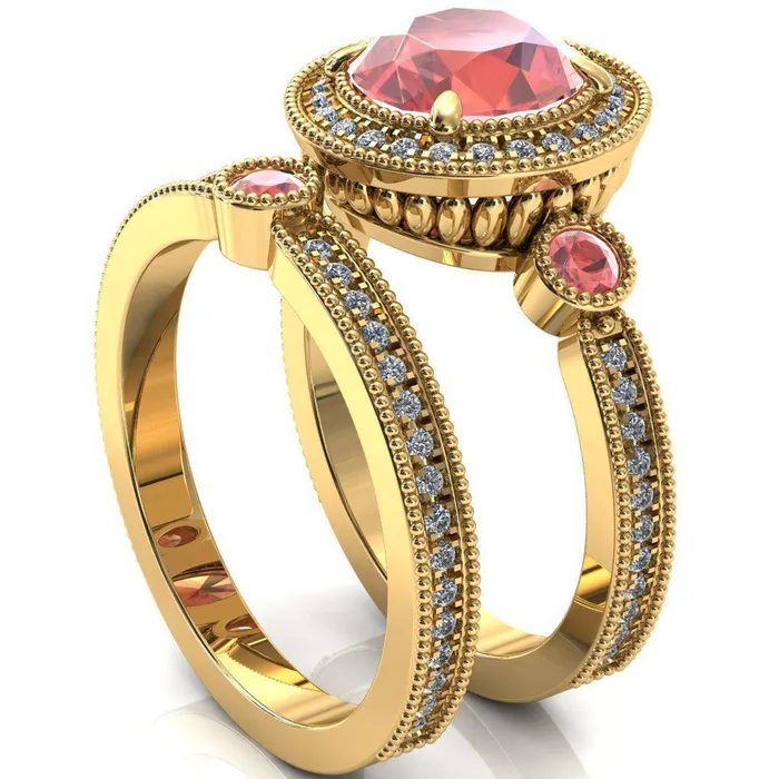 Fire Brilliance Rings Brachium Round Padparadscha Sapphire Bezel Milgrain Halo 34 Eternity Accent Diamond Ring