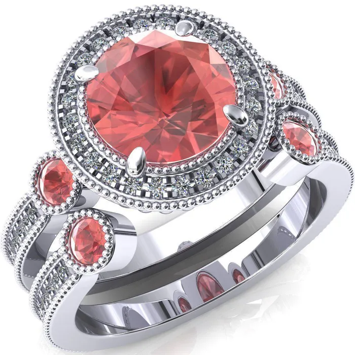 Fire Brilliance Rings Brachium Round Padparadscha Sapphire Bezel Milgrain Halo 34 Eternity Accent Diamond Ring