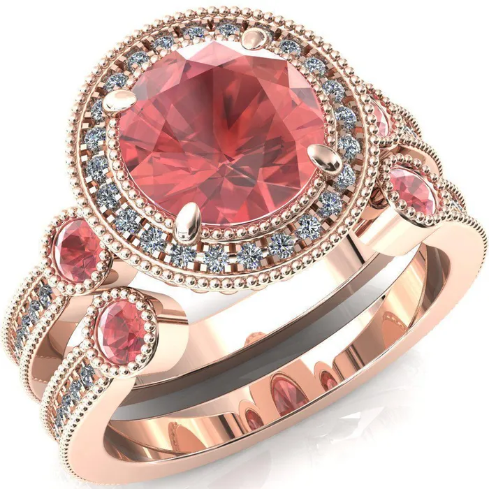 Fire Brilliance Rings Brachium Round Padparadscha Sapphire Bezel Milgrain Halo 34 Eternity Accent Diamond Ring