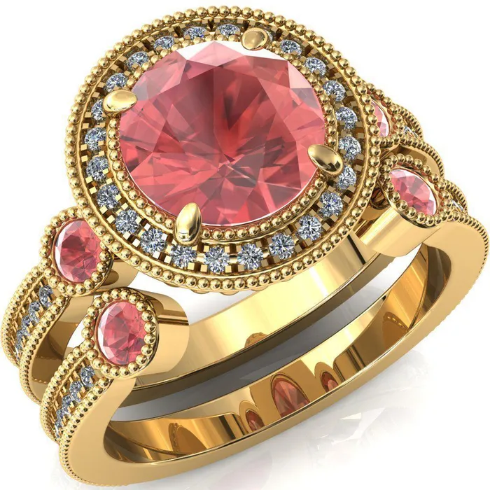 Fire Brilliance Rings Brachium Round Padparadscha Sapphire Bezel Milgrain Halo 34 Eternity Accent Diamond Ring