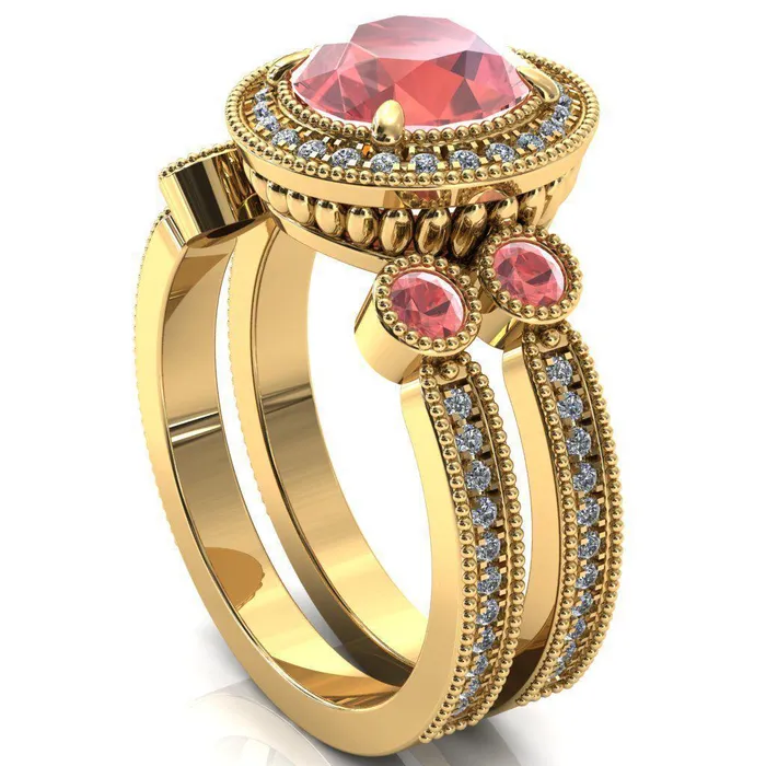 Fire Brilliance Rings Brachium Round Padparadscha Sapphire Bezel Milgrain Halo 34 Eternity Accent Diamond Ring