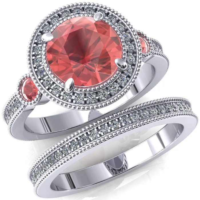 Fire Brilliance Rings Brachium Round Padparadscha Sapphire Bezel Milgrain Halo 34 Eternity Accent Diamond Ring