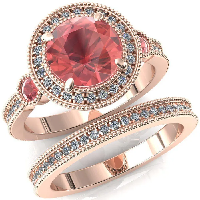 Fire Brilliance Rings Brachium Round Padparadscha Sapphire Bezel Milgrain Halo 34 Eternity Accent Diamond Ring
