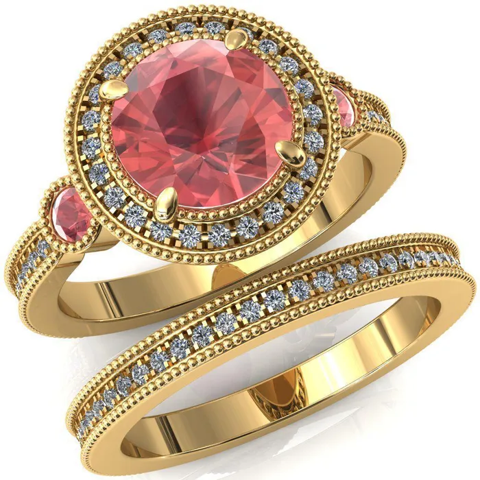 Fire Brilliance Rings Brachium Round Padparadscha Sapphire Bezel Milgrain Halo 34 Eternity Accent Diamond Ring