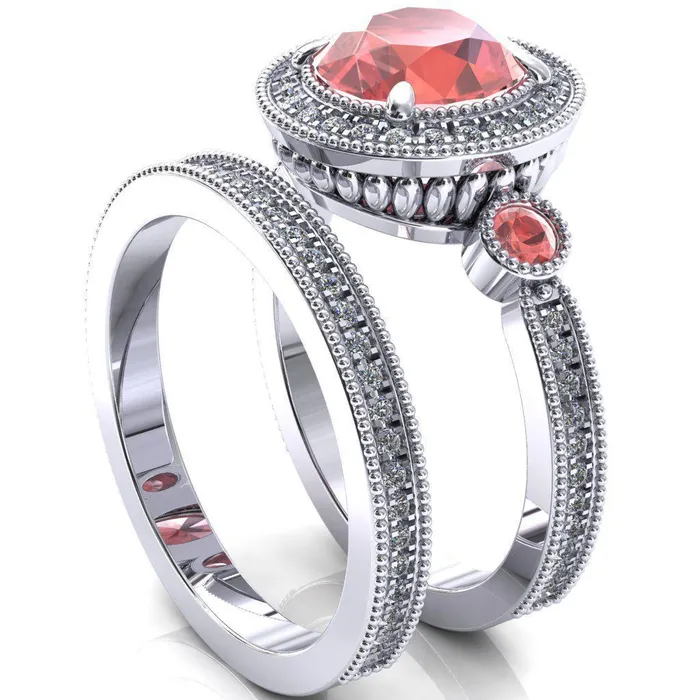 Fire Brilliance Rings Brachium Round Padparadscha Sapphire Bezel Milgrain Halo 34 Eternity Accent Diamond Ring