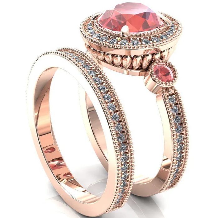 Fire Brilliance Rings Brachium Round Padparadscha Sapphire Bezel Milgrain Halo 34 Eternity Accent Diamond Ring