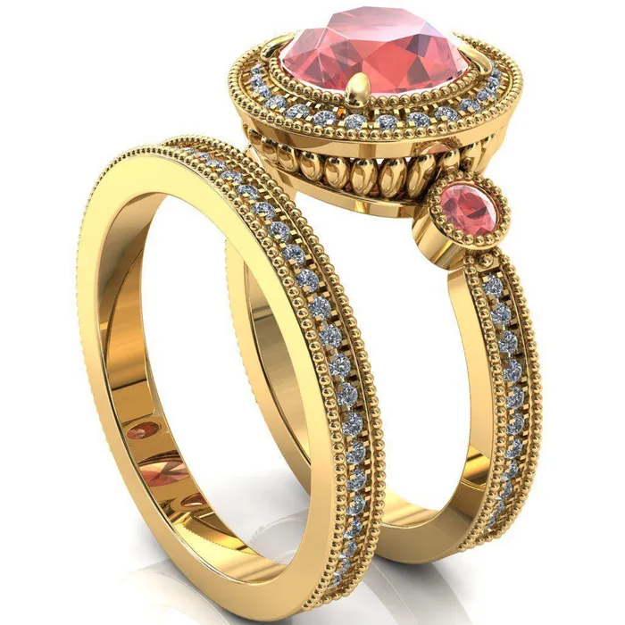 Fire Brilliance Rings Brachium Round Padparadscha Sapphire Bezel Milgrain Halo 34 Eternity Accent Diamond Ring