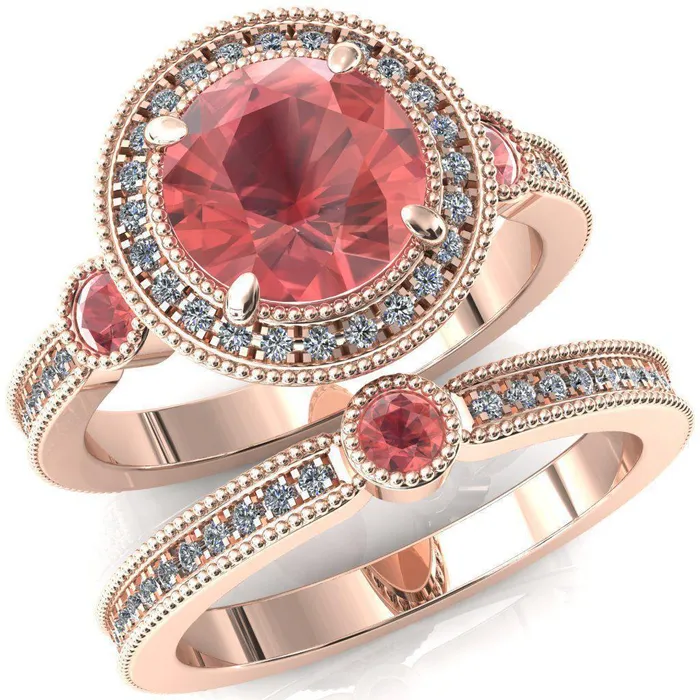 Fire Brilliance Rings Brachium Round Padparadscha Sapphire Bezel Milgrain Halo 34 Eternity Accent Diamond Ring