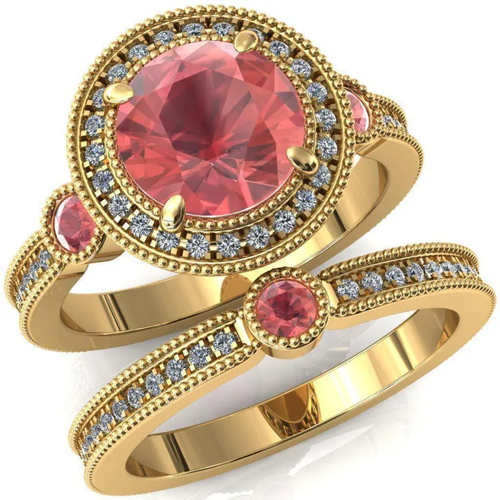 Fire Brilliance Rings Brachium Round Padparadscha Sapphire Bezel Milgrain Halo 34 Eternity Accent Diamond Ring