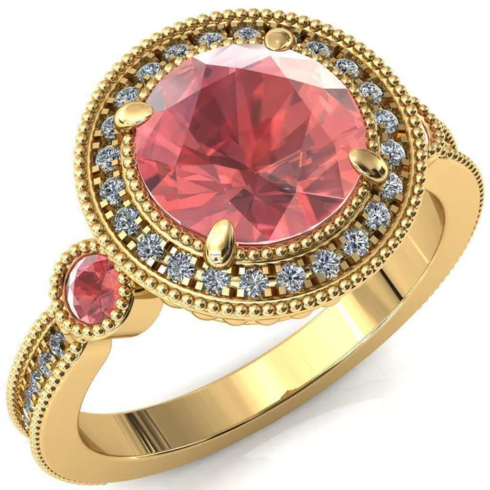 Fire Brilliance Rings Brachium Round Padparadscha Sapphire Bezel Milgrain Halo 34 Eternity Accent Diamond Ring