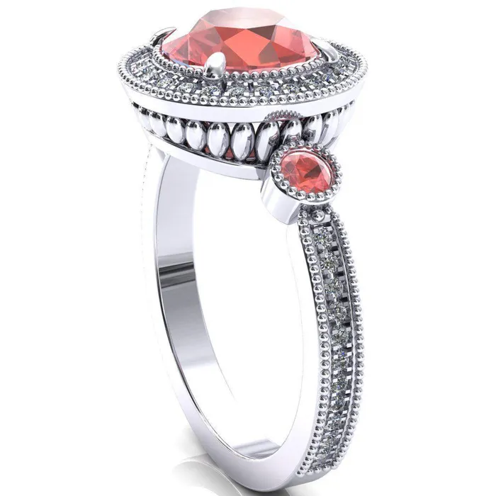 Fire Brilliance Rings Brachium Round Padparadscha Sapphire Bezel Milgrain Halo 34 Eternity Accent Diamond Ring
