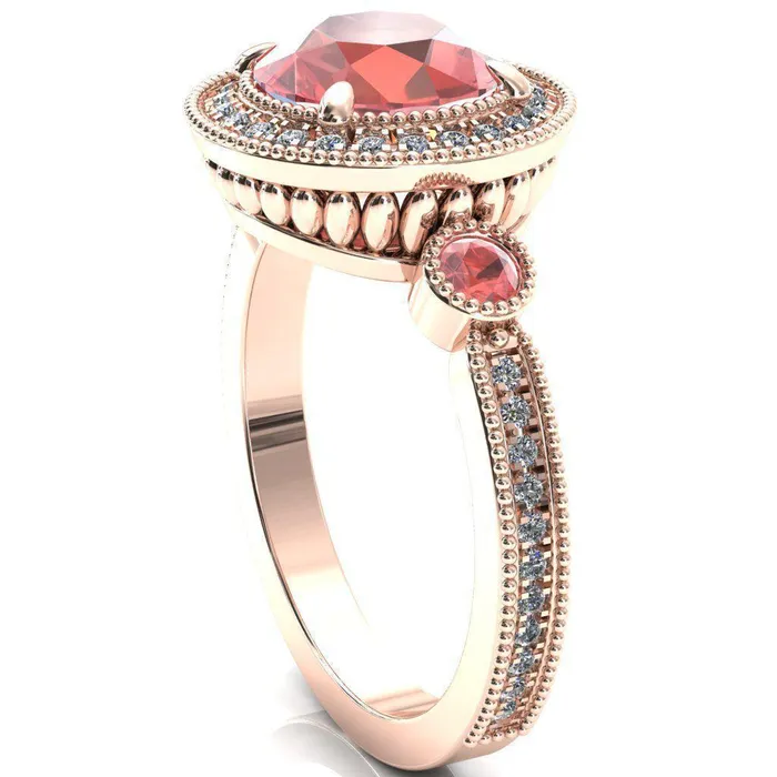 Fire Brilliance Rings Brachium Round Padparadscha Sapphire Bezel Milgrain Halo 34 Eternity Accent Diamond Ring