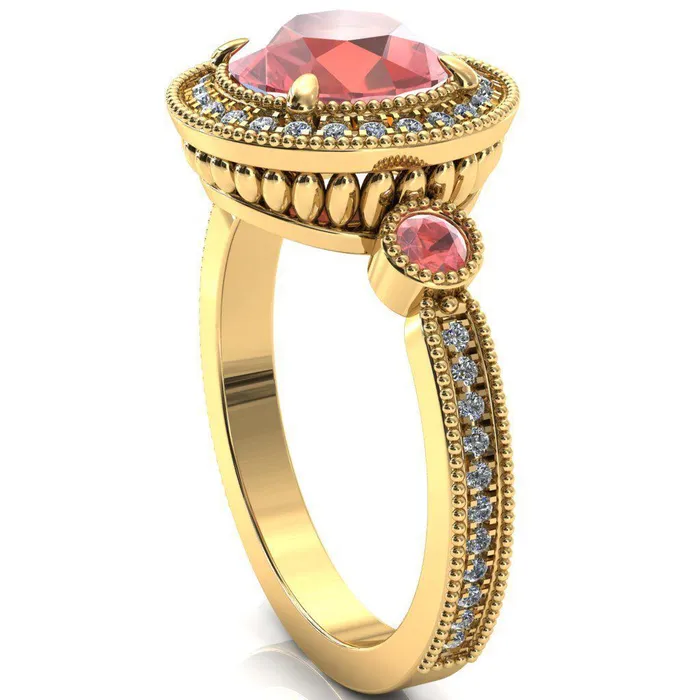 Fire Brilliance Rings Brachium Round Padparadscha Sapphire Bezel Milgrain Halo 34 Eternity Accent Diamond Ring