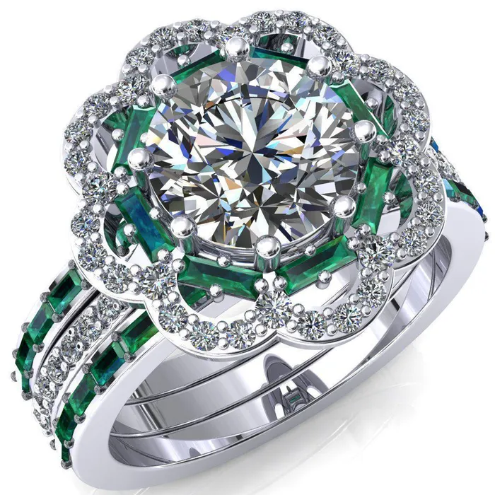 Fire Brilliance Rings Camelia Round Center Stone Accent Diamond and Emerald Halo Ring