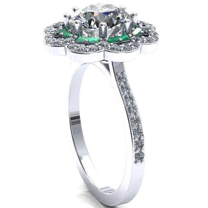 Fire Brilliance Rings Camelia Round Center Stone Accent Diamond and Emerald Halo Ring