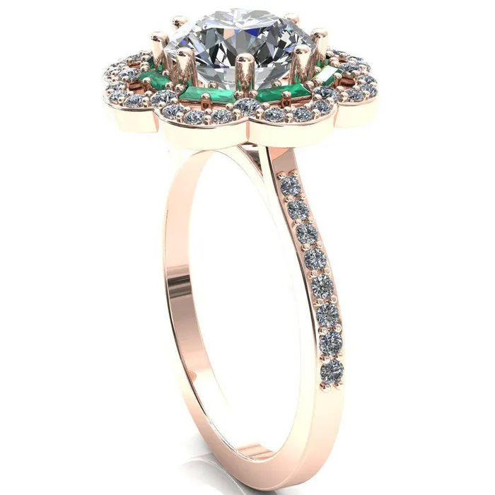 Fire Brilliance Rings Camelia Round Center Stone Accent Diamond and Emerald Halo Ring