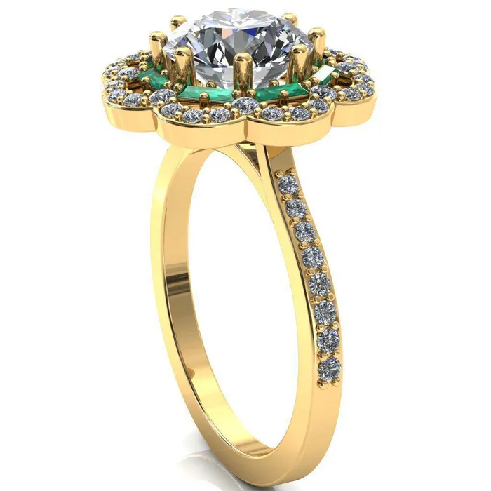 Fire Brilliance Rings Camelia Round Center Stone Accent Diamond and Emerald Halo Ring