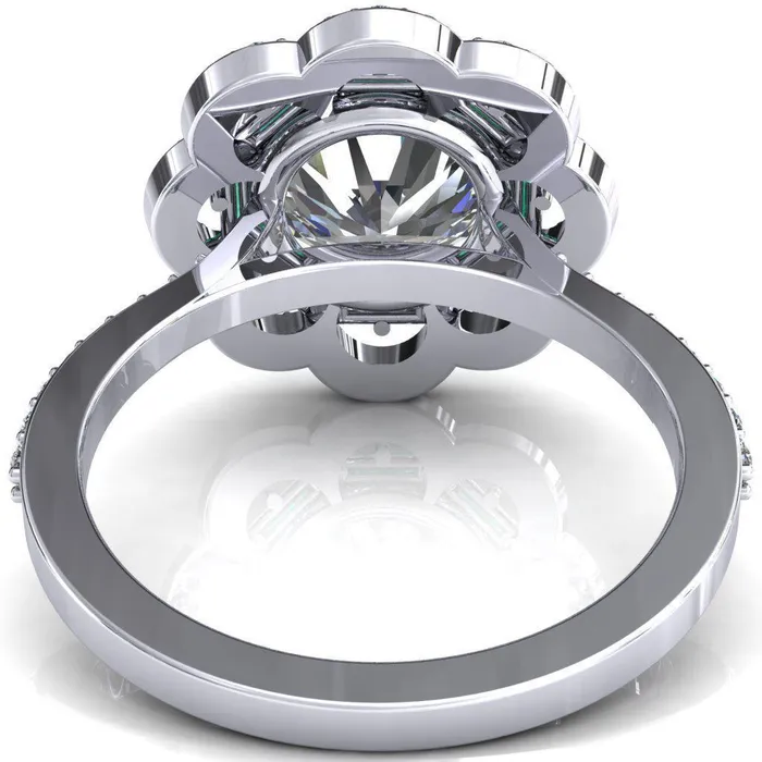 Fire Brilliance Rings Camelia Round Center Stone Accent Diamond and Emerald Halo Ring