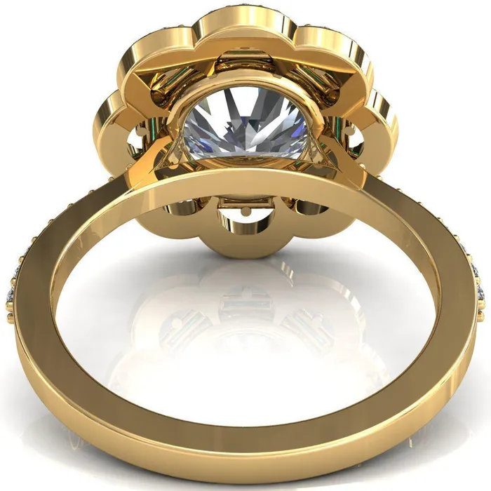 Fire Brilliance Rings Camelia Round Center Stone Accent Diamond and Emerald Halo Ring