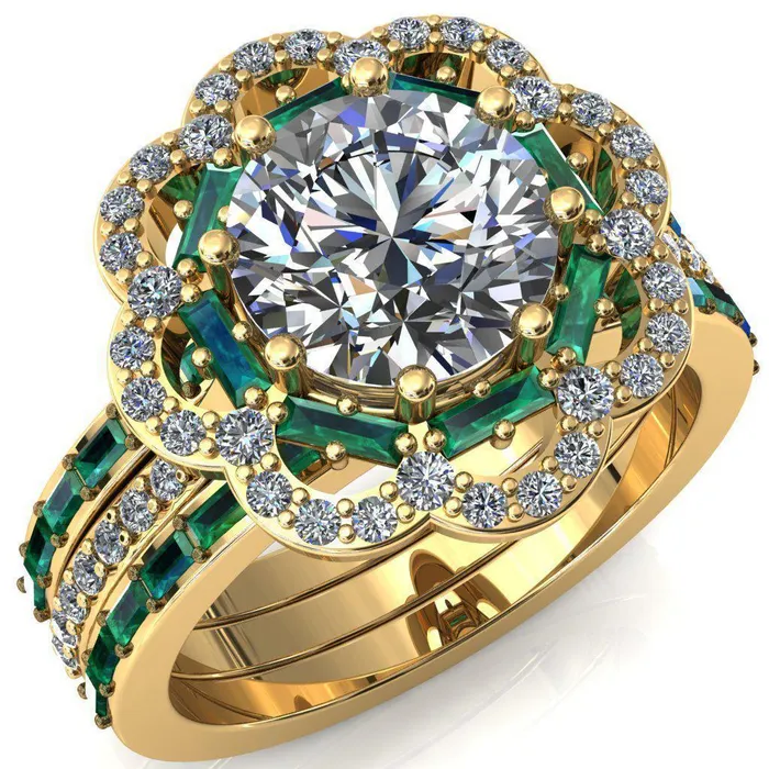 Fire Brilliance Rings Camelia Round Center Stone Accent Diamond and Emerald Halo Ring