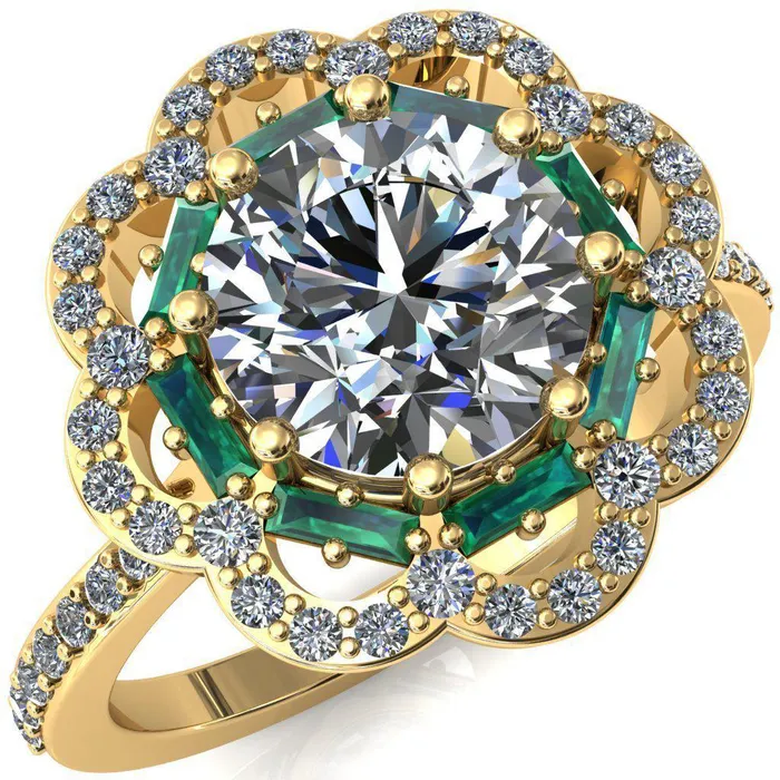 Fire Brilliance Rings Camelia Round Center Stone Accent Diamond and Emerald Halo Ring