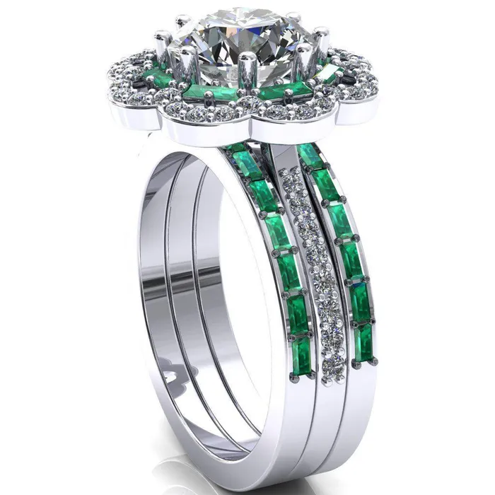 Fire Brilliance Rings Camelia Round Center Stone Accent Diamond and Emerald Halo Ring