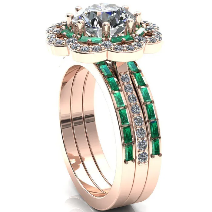 Fire Brilliance Rings Camelia Round Center Stone Accent Diamond and Emerald Halo Ring